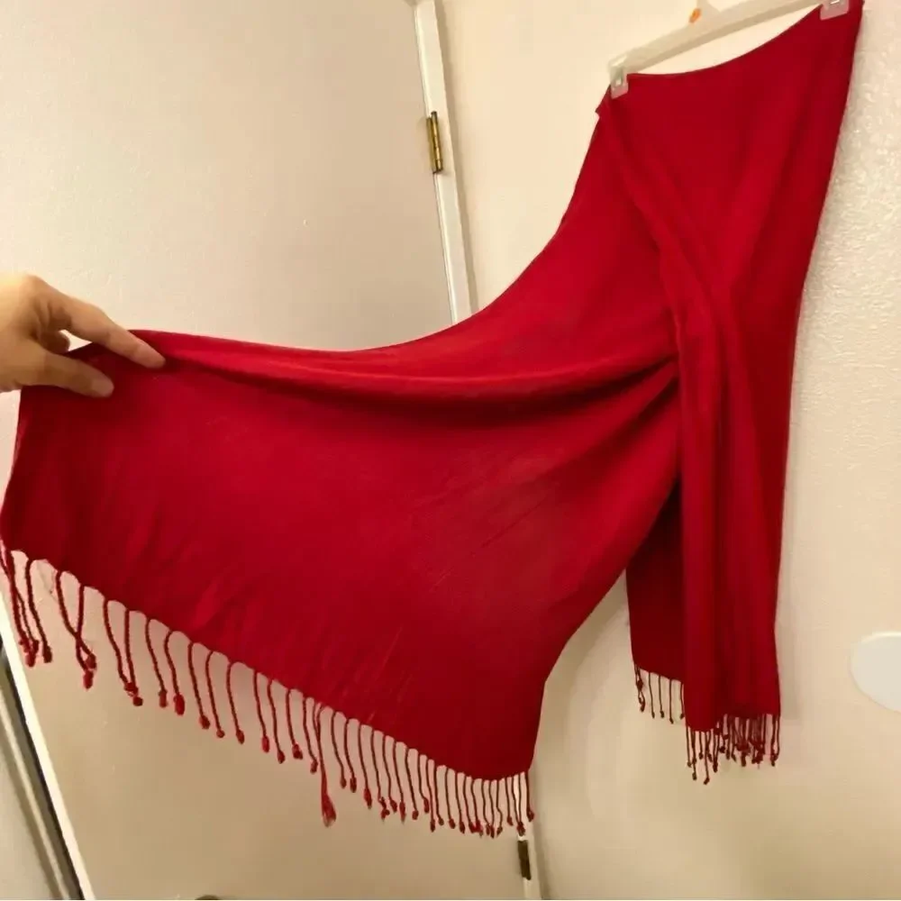 Loft 100% rayon red Oversized large Scarf wrap pashmina fringe trim 30x80